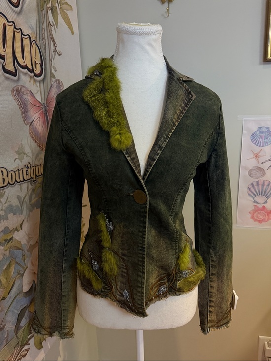 Jackets & Blazers - Rabbit Fur Olive Denim Jacket
